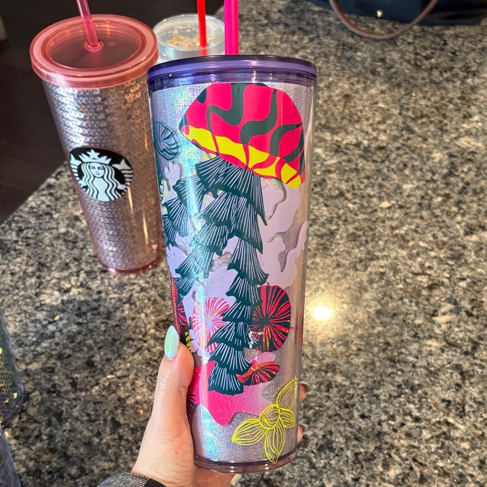 Starbucks Silver and Purple Tumbler with Vibrant Mushroom Design